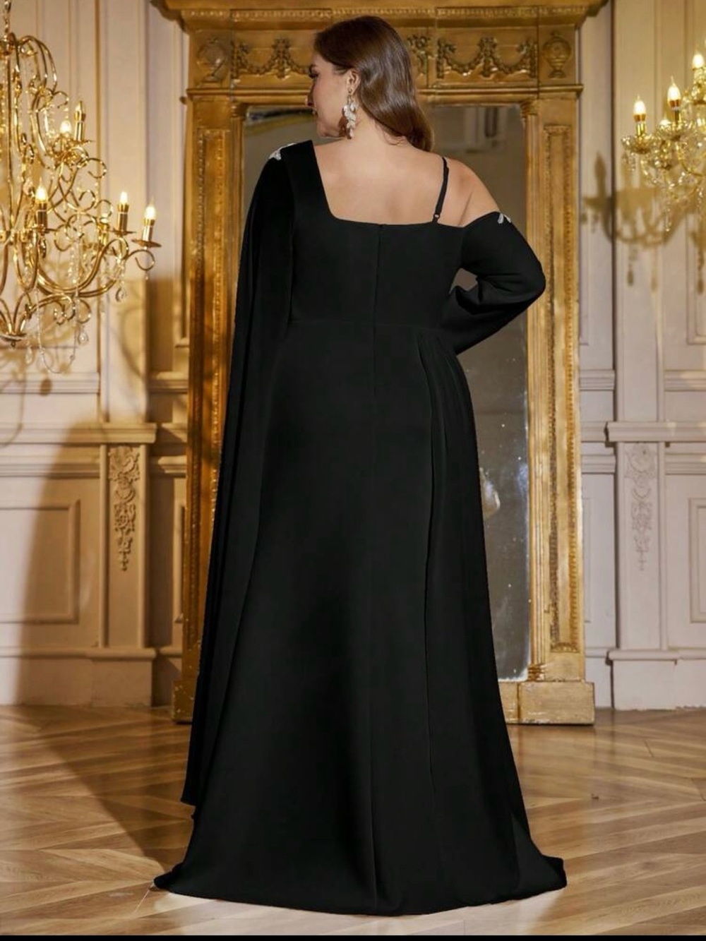 Black Silver Plus Size Embellished One Cold Shoulder Formal Evening Gown Sz 18 - Picture 7 of 16